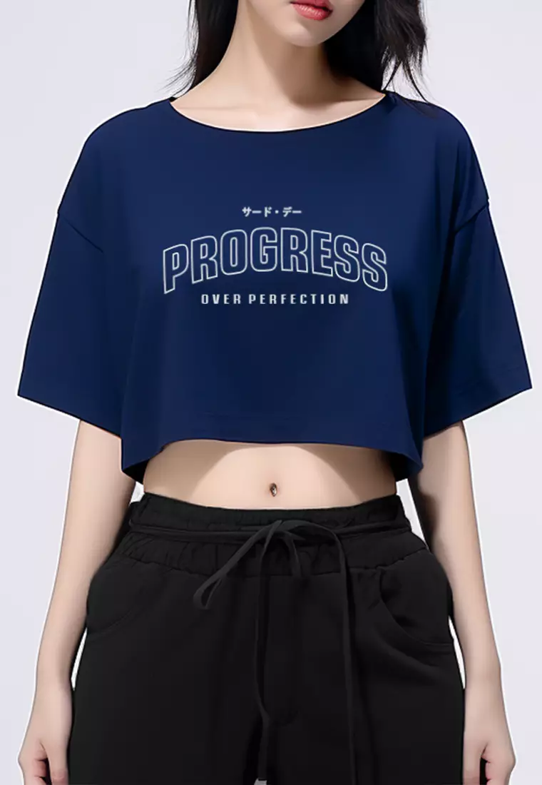 LTH09 Kaos Crop Top Wanita "progress" OLC navy