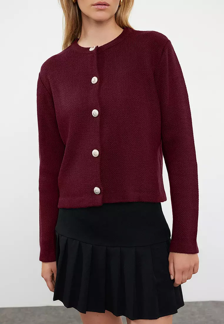 Burgundy Basic Jacket-Look Knitwear Cardigan