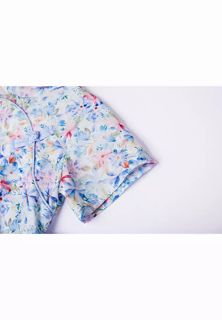 女童藍色粉色碎花雙蝴蝶結短漢服唐裝紗裙公主裙新年拜年衣服