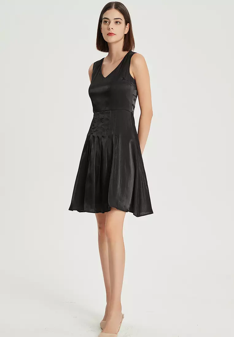 V-neck color-changing glazed satin one piece dress B22041204BK-