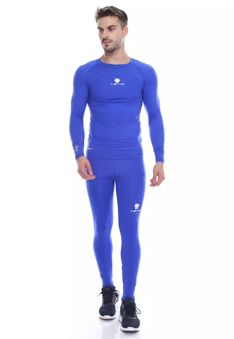 Tiento Man Baselayer Baju Ketat Manset Olahraga Pria Long Sleeve Blue Rashguard Sport Original