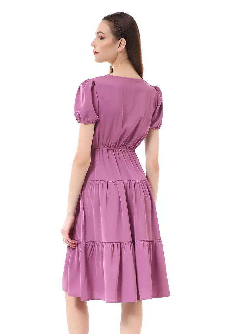 Rachel Ruffle Dress Wanita Lengan Pendek Motif Polos Material Ployester ORIGINAL - Purple