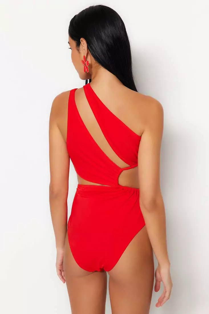 Red One Shoulder Cut Out Swimsuit