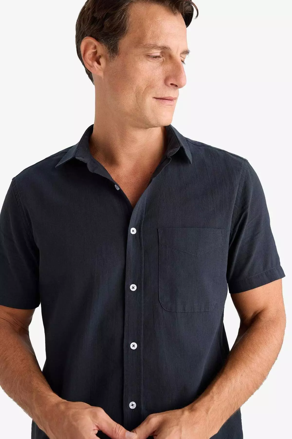 100% Cotton Regular Fit Summer Polo Collar Linen Look Short Sleeve White Shirt D7551Ax25Sp
