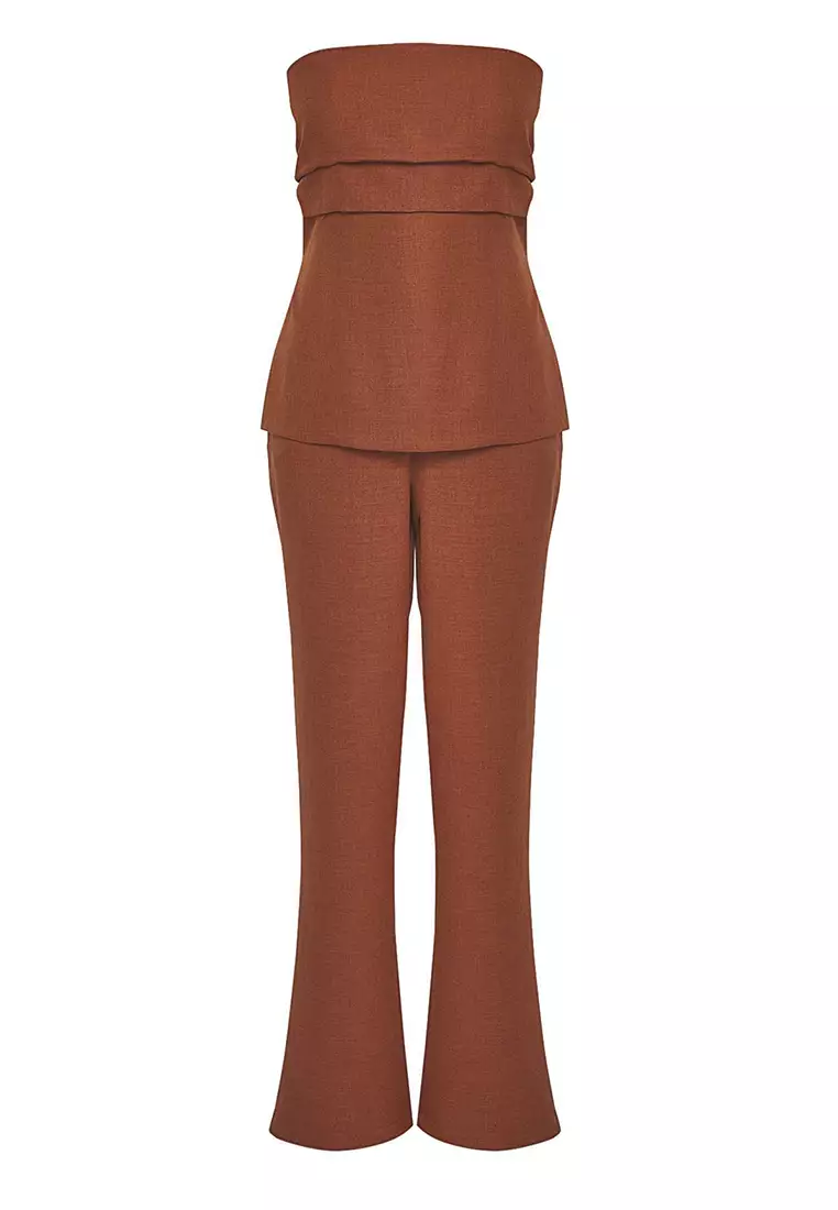 Brown Linen Look Strapless Blouse and Trousers Woven Bottom-Top Set TWOSS25AU00092