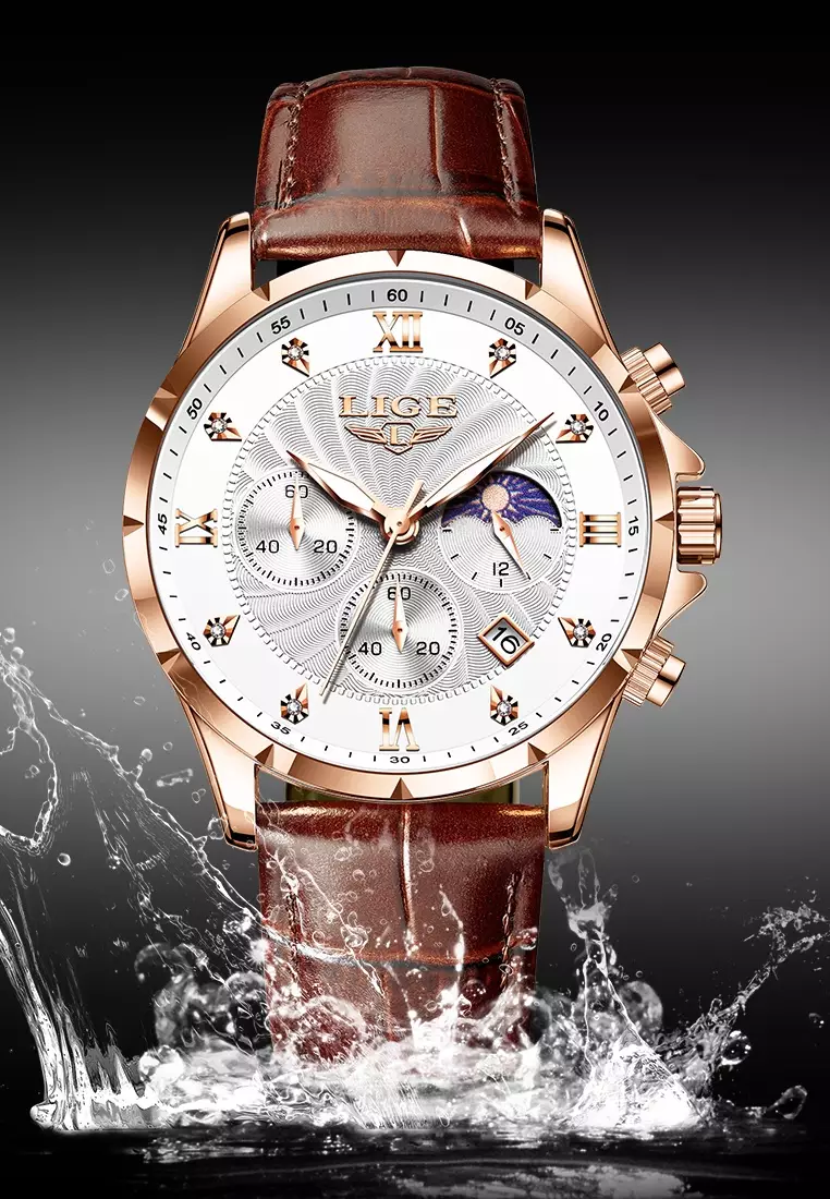Chronograph Unisex IP Rose Gold color Stainless Steel Quartz Watch, White dial, Brown Leather Strap