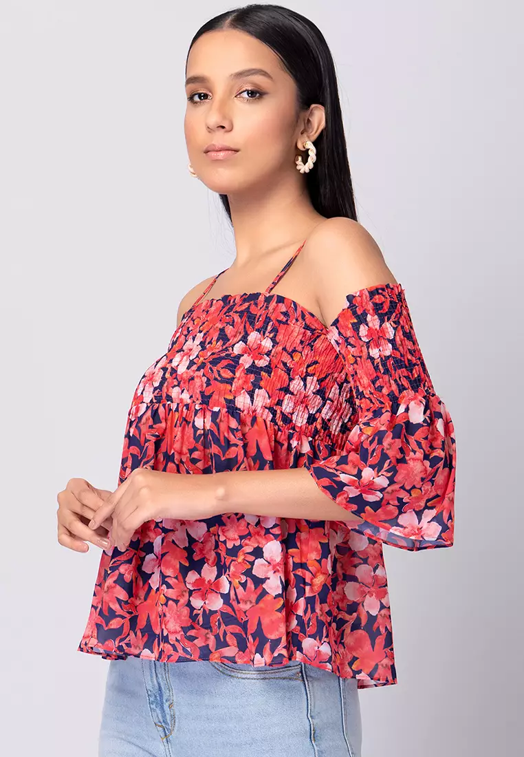 Red Floral Print Smocked Cold Shoulder Top