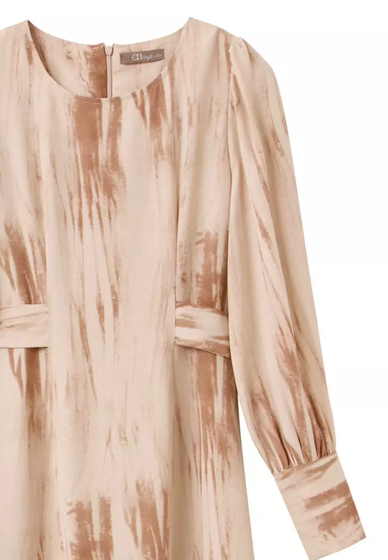 不易皺筆刷印花收腰綁帶長洋裝《DA9424》