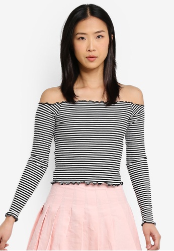 Buy Factorie Stripe Rib Off Shoulder Long Sleeve Top Online On
