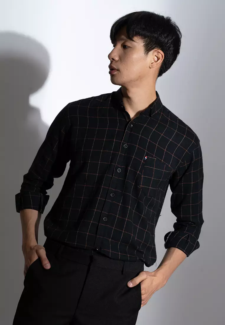 Kemeja panjang pria formal slim fit hitam kotak cokelat houseofcuff