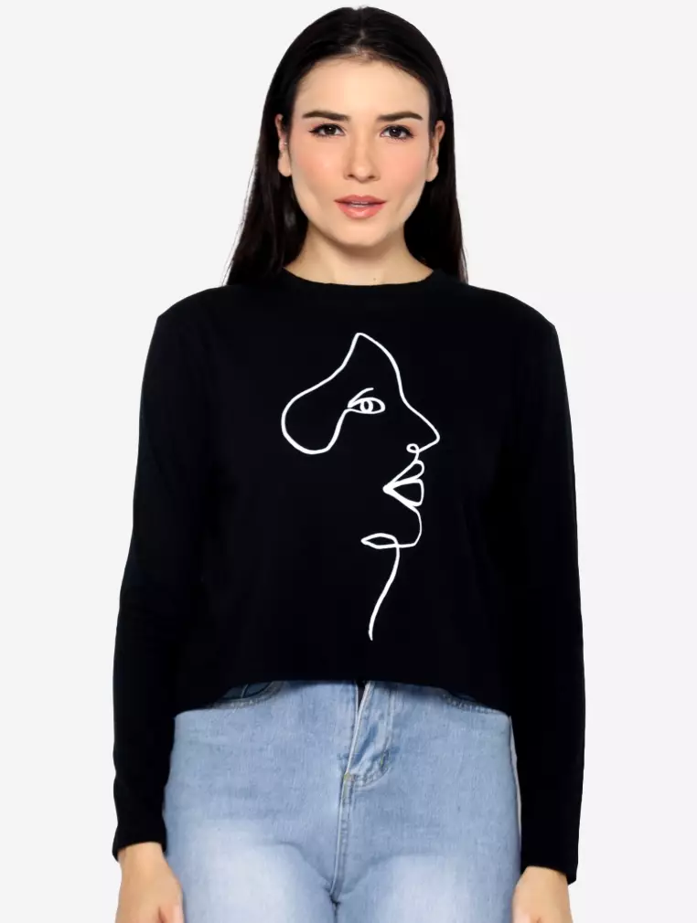 TONIQUE Kaos Crop Lengan Panjang Katun Combed Wanita Hitam GABRIELLA Regular Fit Long Sleeve Cotton Combed Crop Top