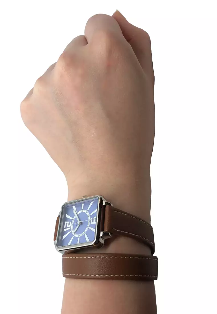 Zalora Exclusive - La Parisienne Steel Quartz Watch, Blue Dial on Brown Extra Long leather Strap