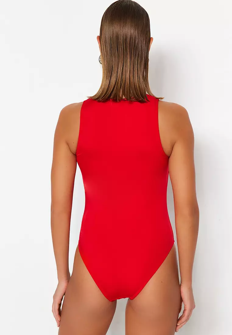 Red new arrivals zip swimsuit