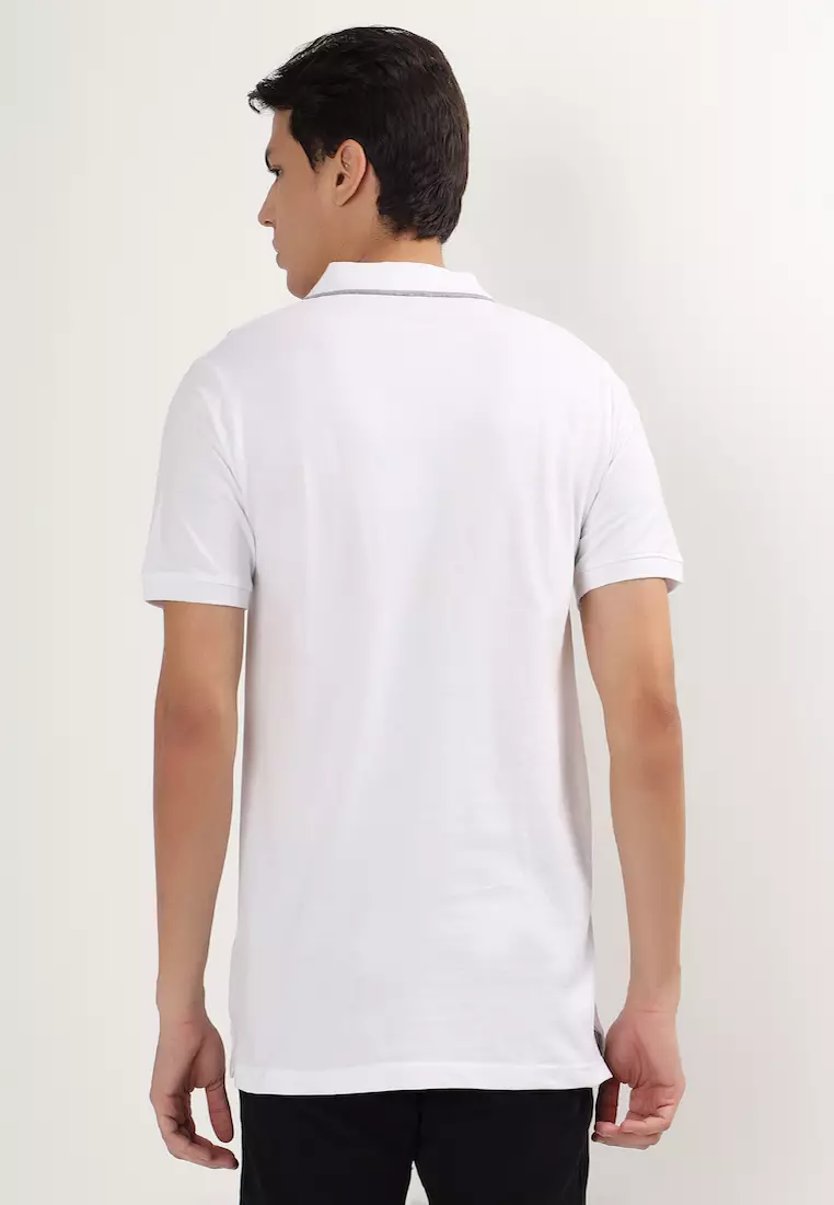 男款白灰色翻领袖口棉质 Polo 衫/T 恤，拉链款，短袖，运动服，休闲装