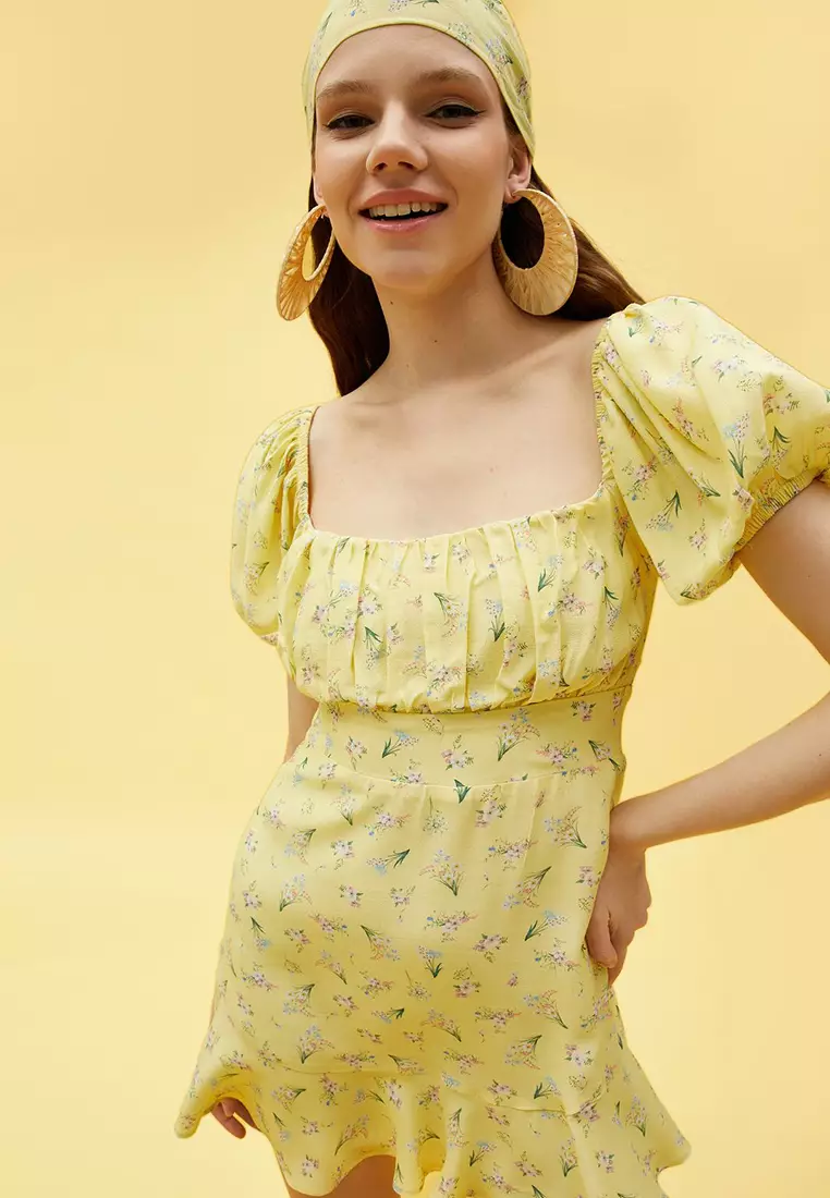 Viscose Puff Sleeves Mini Dress