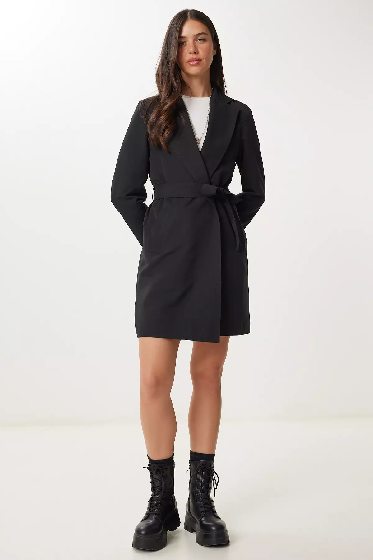 Women's Black Belted Short Woven Trench Coat Gp00027