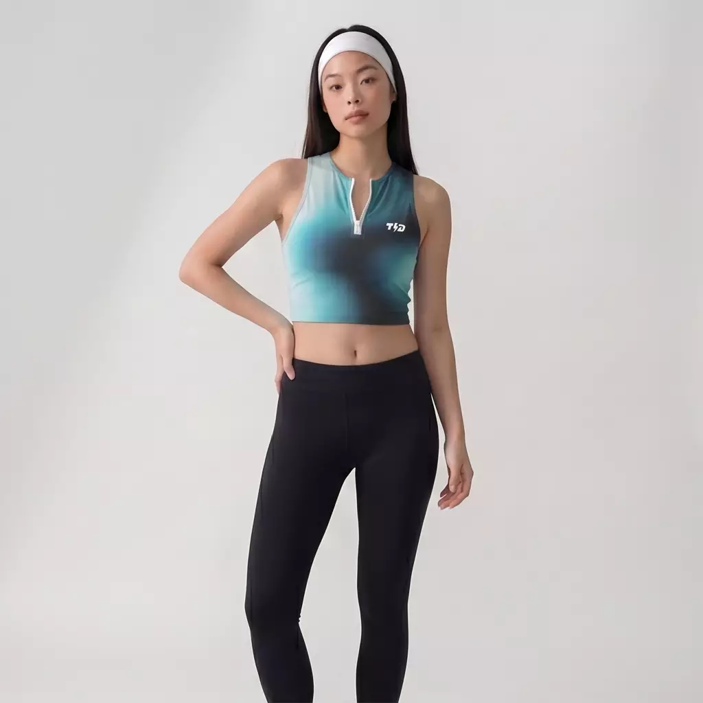 TDActive Crop Tank Zipper Wanita - Baju Lari Running Trail Run Gym Motif Aura Gradient - Flexfit Anti Bakteri Drifit - Blue LSF86