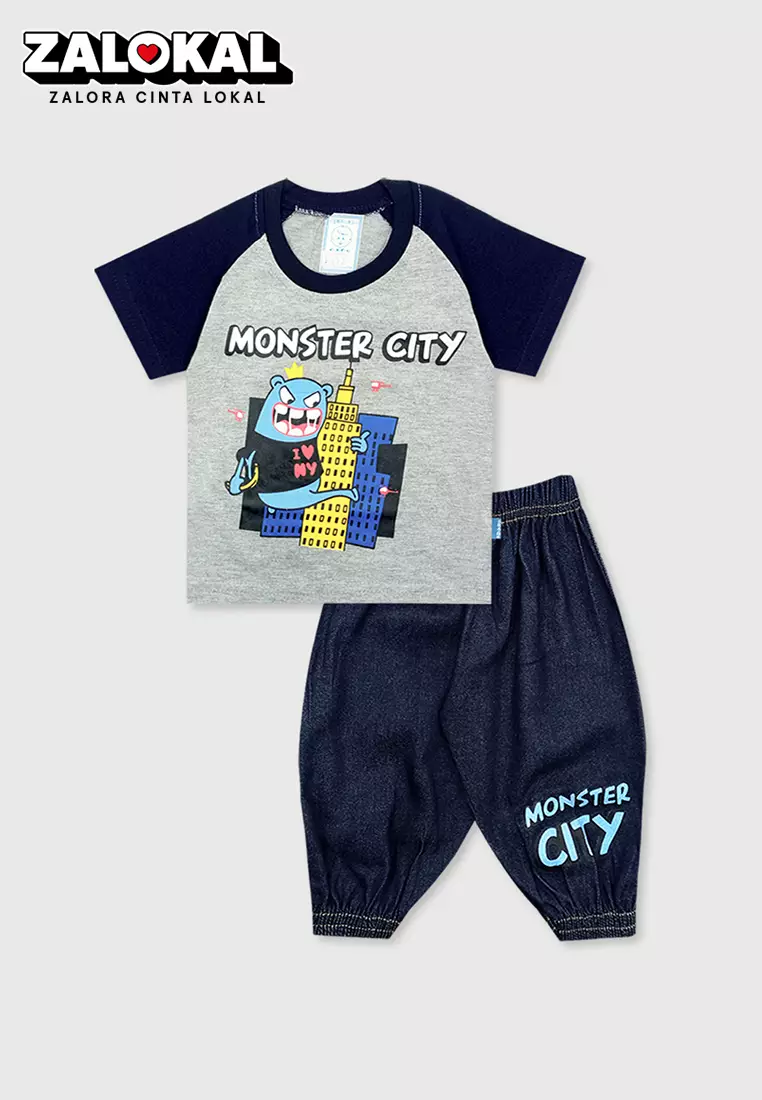Wakakids Setelan Bayi Laki Laki Usia 6 Bulan Hingga 12 Bulan Set Baju Anak Celana Jeans Jogger Motif Monster City 3452 Navy