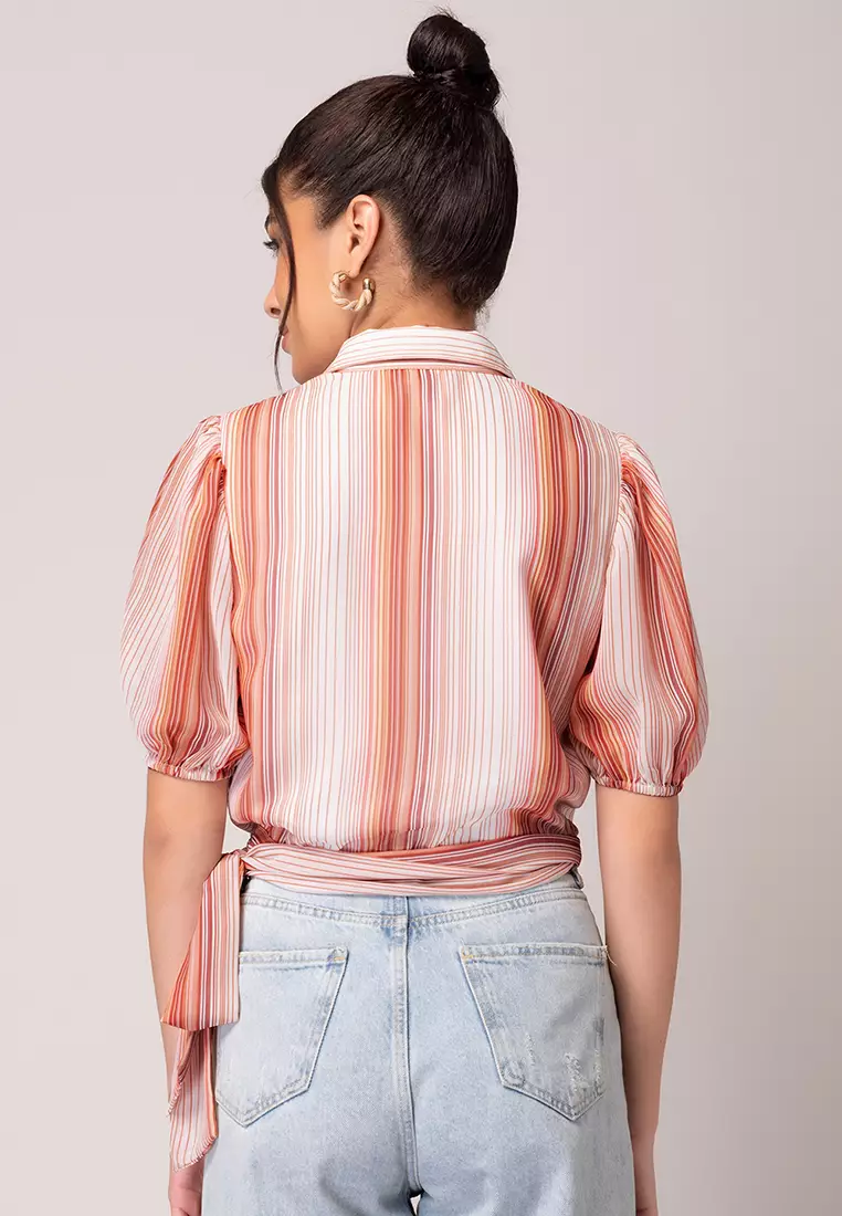 Multi And Brown Striped Collared Wrap Top