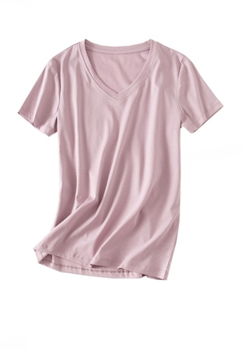 Twenty Eight Shoes pink VANSA V-neck Mercerized Cotton Short-sleeved T-Shirt VCW-Ts1902V 030EFAAED0EB52GS_1
