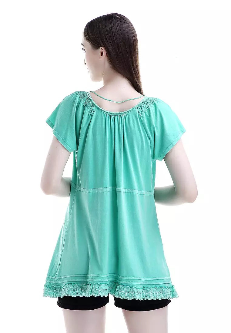 Zachery Blouse Short Sleeve Motif Solid Desain Classical Baju Atasan Wanita - Hijau