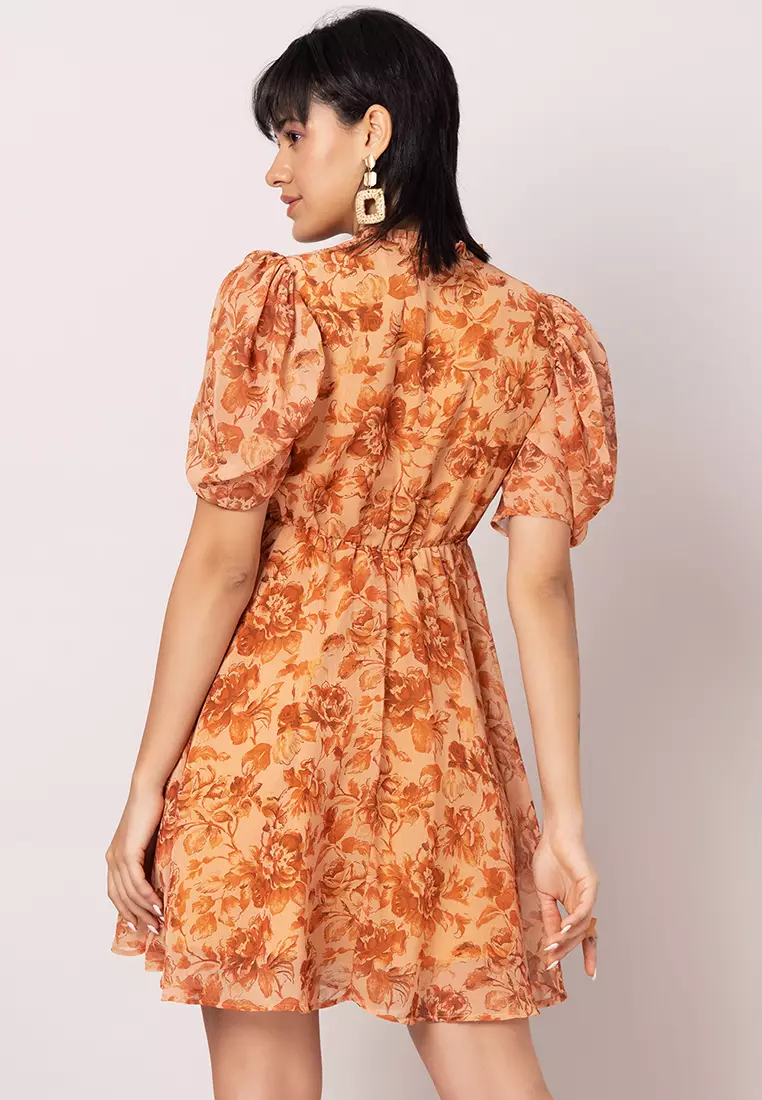 orange floral skater dress Tanaya Puff Sleeve Skater Skirt Mini Dress
