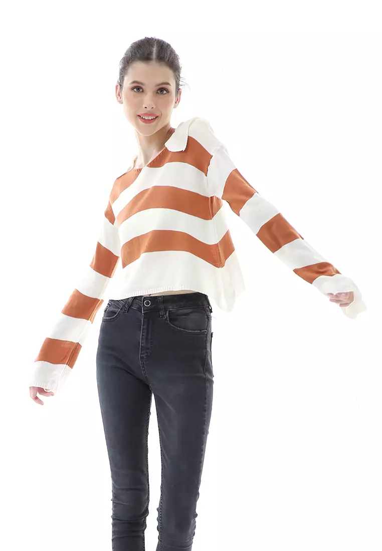 Vilia Rajut Crop Atasan Wanita Oversize Motif Stripe Garis Relaxed Fit - Coral