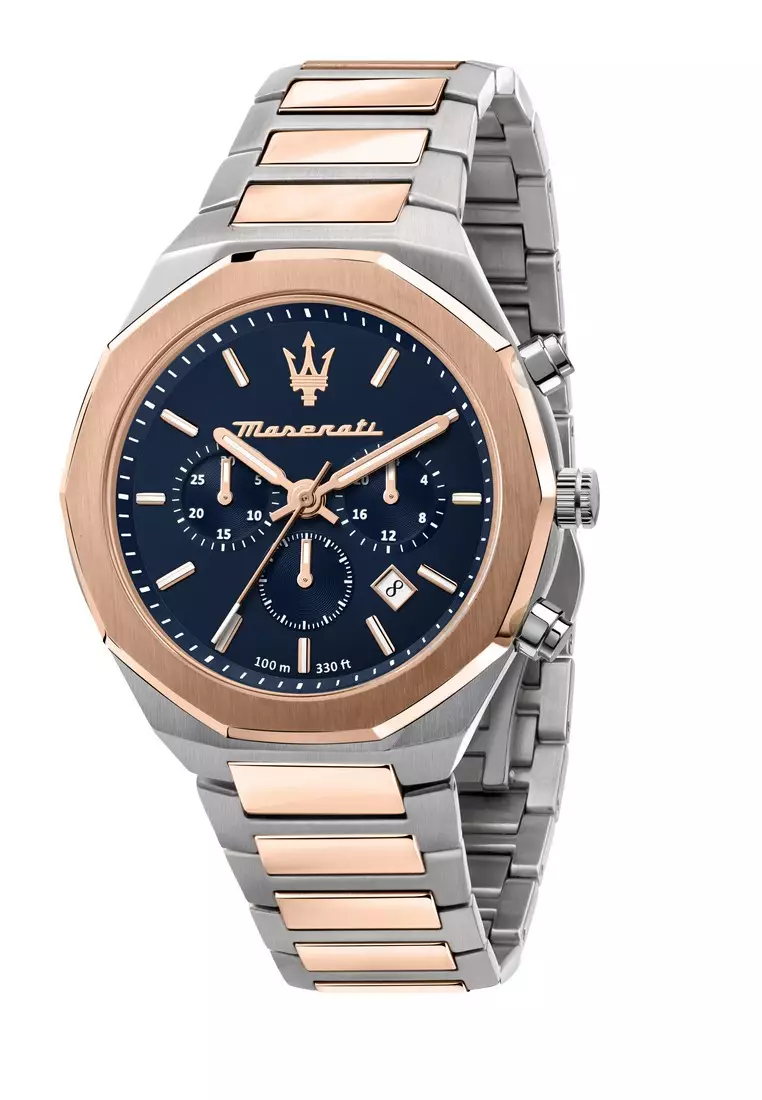 【2 Years Warranty】Maserati Stile 45mm Blue Sunray Dial Men's Chronograph Quartz Watch R8873642002 With Luminous Dial Hands