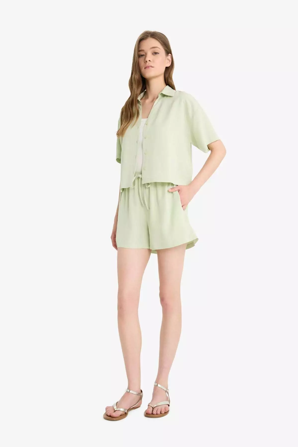 Normal Elastic Waist Pocketed Linen Blend Shorts F3181Ax25Sm