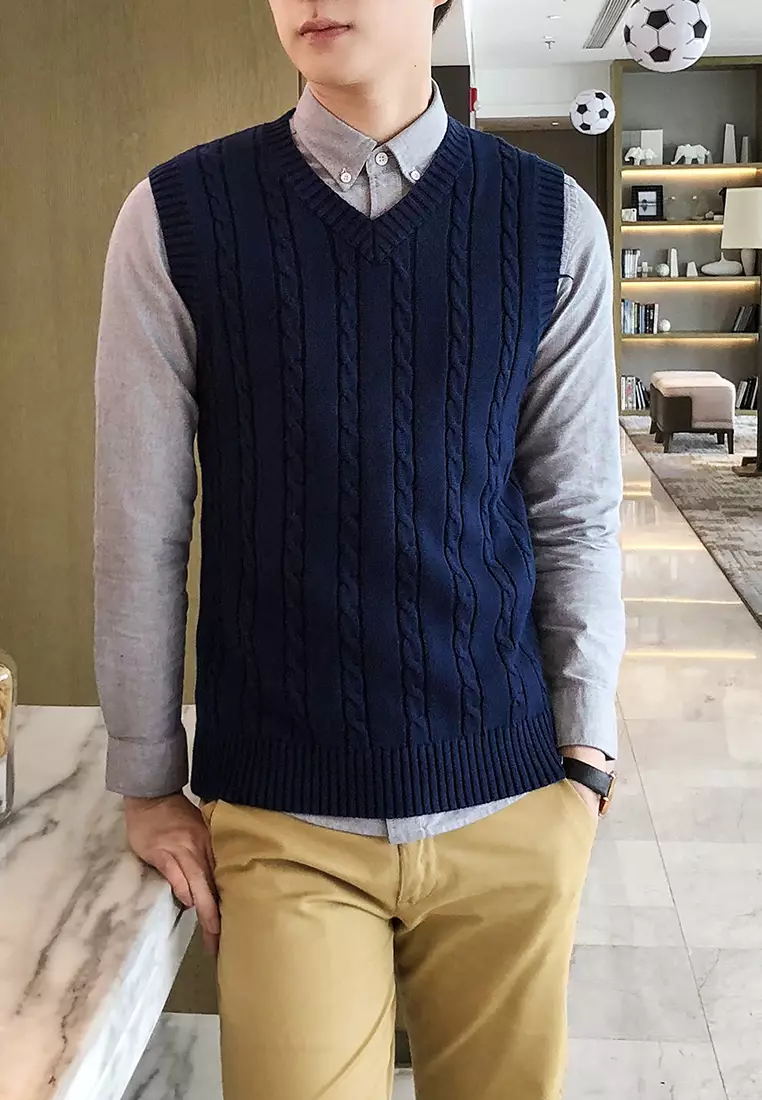 【KOOLOSET】Jacquard V Knit Vest Mens Sleeveless V-Neck Sweater Vest Printed Knitted Jacquard