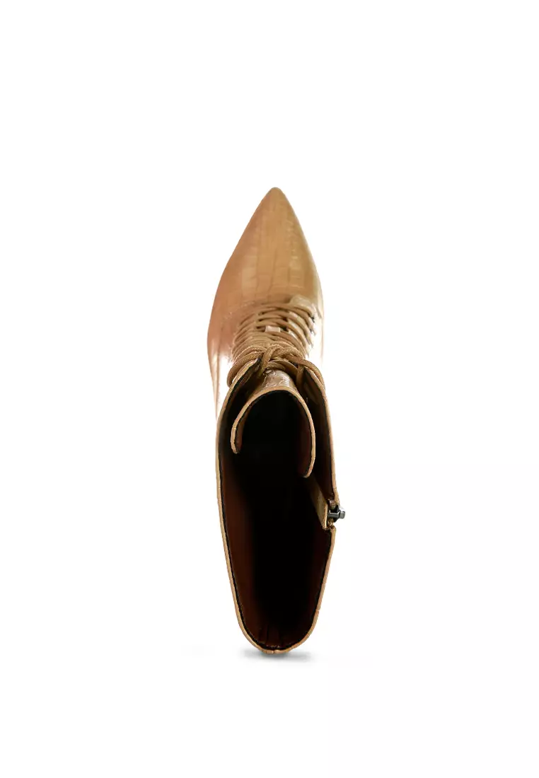 Croc Textured Over The Ankle Boots in Beige