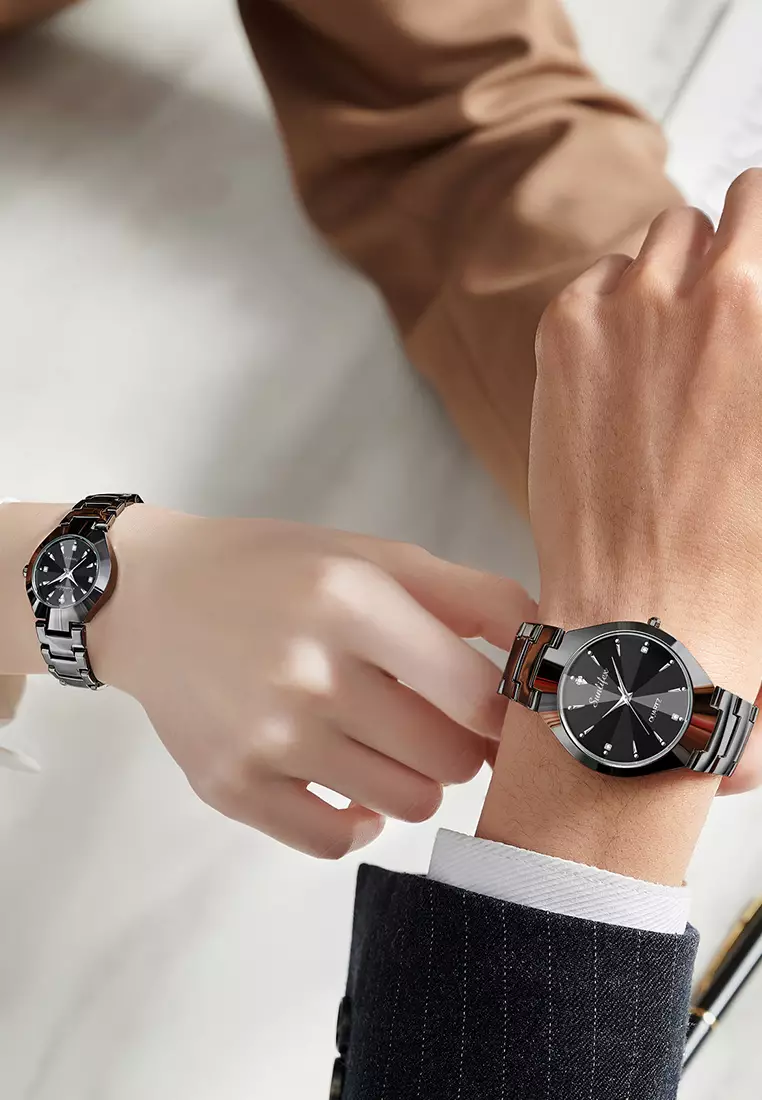 Jam Tangan Couple 9090-M+SL9090-W Stainless Steel Berlian Anti Air Analog Bisnis Kuarsa Jam Tangan Wanita/Pria allblack