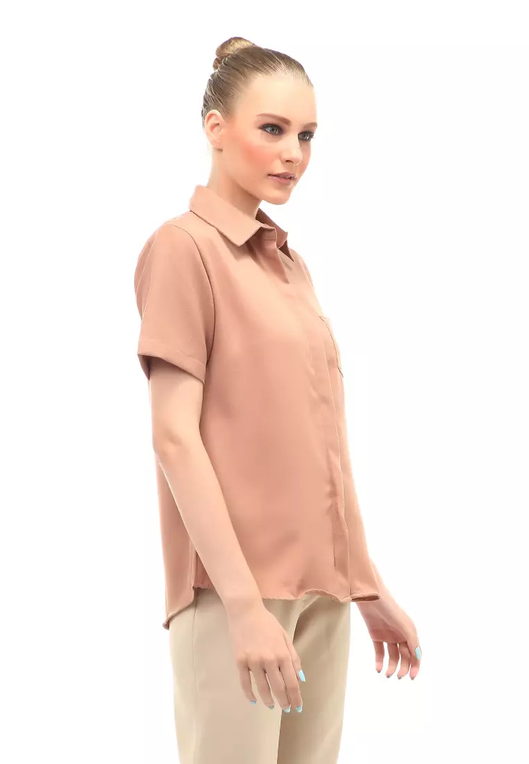 Shirt Atasan Wanita Lengan Pendek Detail Saku Motif Polos Design Simple - Mocca