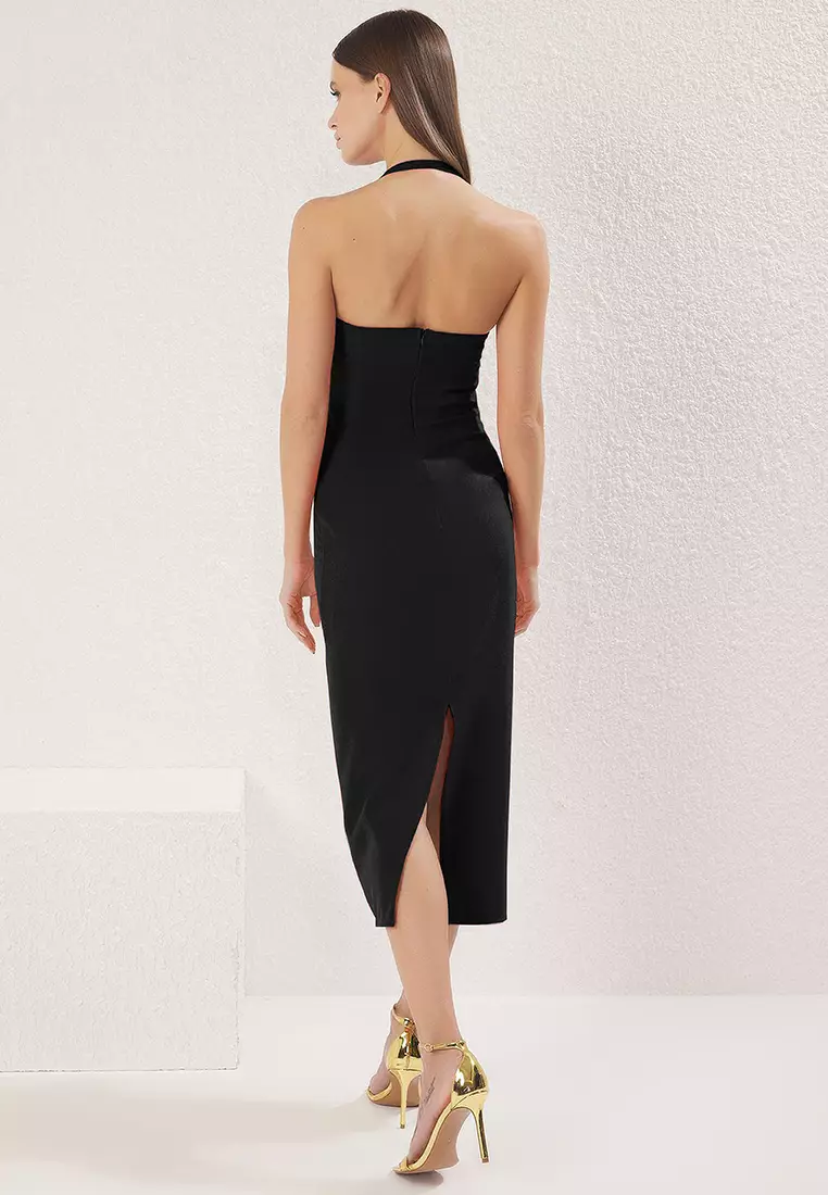 Black Accessory Detailed Woven Elegant Evening Dress Graduation Dress