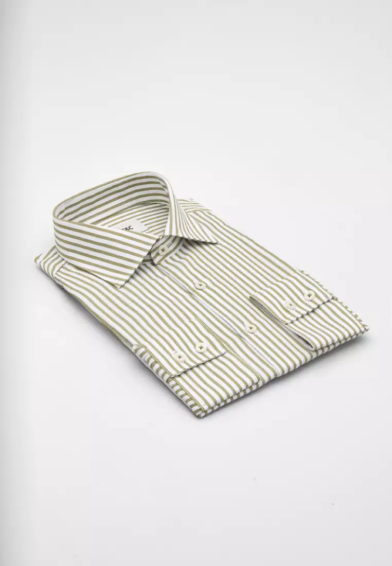 Olive Striped Pattern Slim Fit Shirt