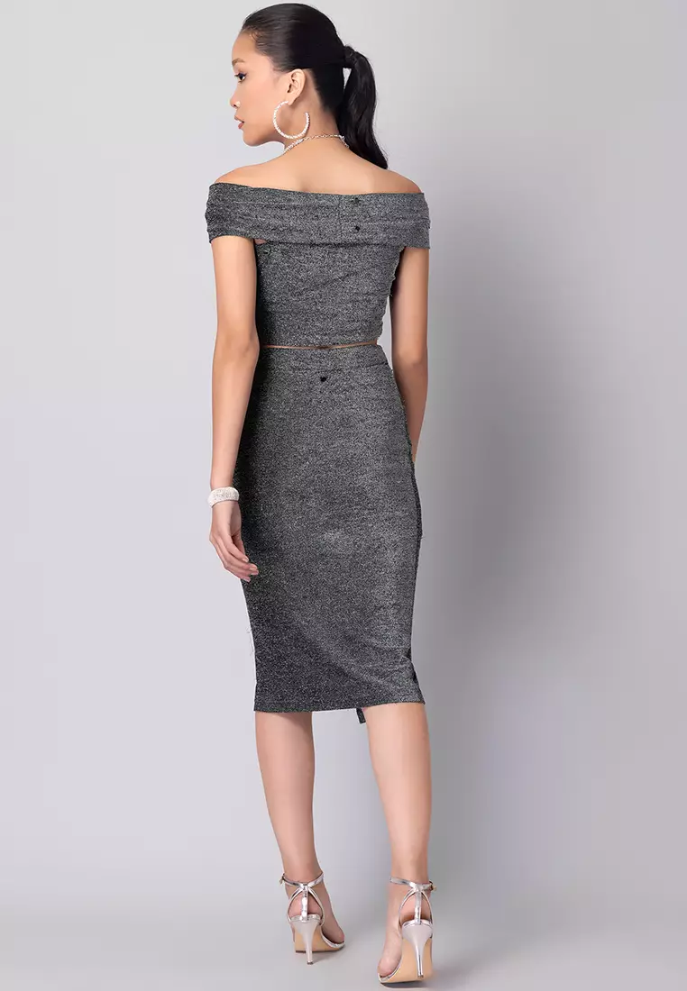 FabAlley Black Shimmer Off Shoulder Crop Top And Ruched Skirt Co-ord Set