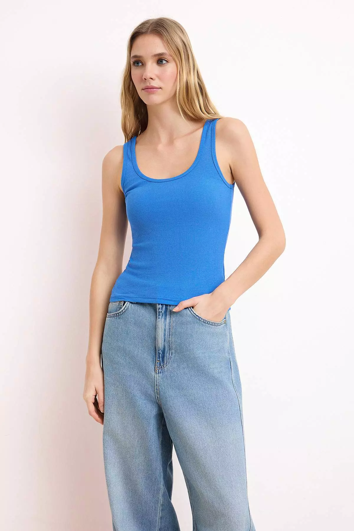 Cobalt Fitted/Bodycon Pool Collar Corded Fabric Stretchy Knitted Undershirt Twoss22Al42
