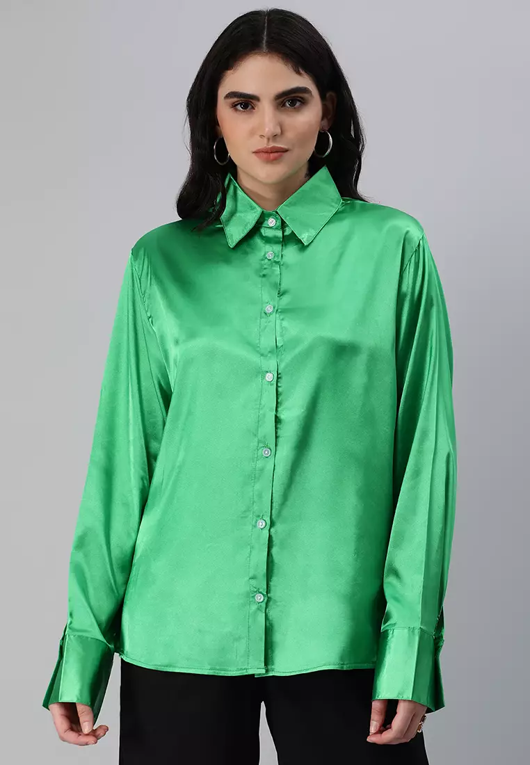 Green Long Sleeve Satin Shirt Blouse