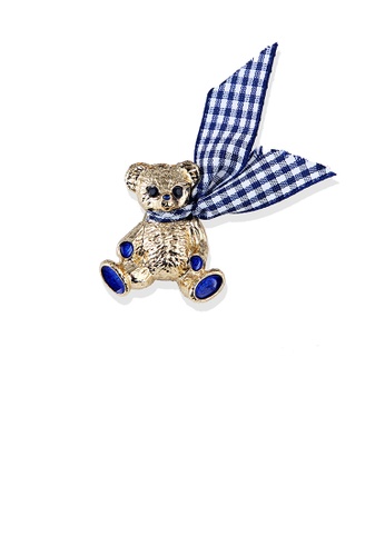 Glamorousky blue Simple and Cute Plated Gold Bear Blue Ribbon Brooch with Cubic Zirconia 36A03AC5355420GS_1