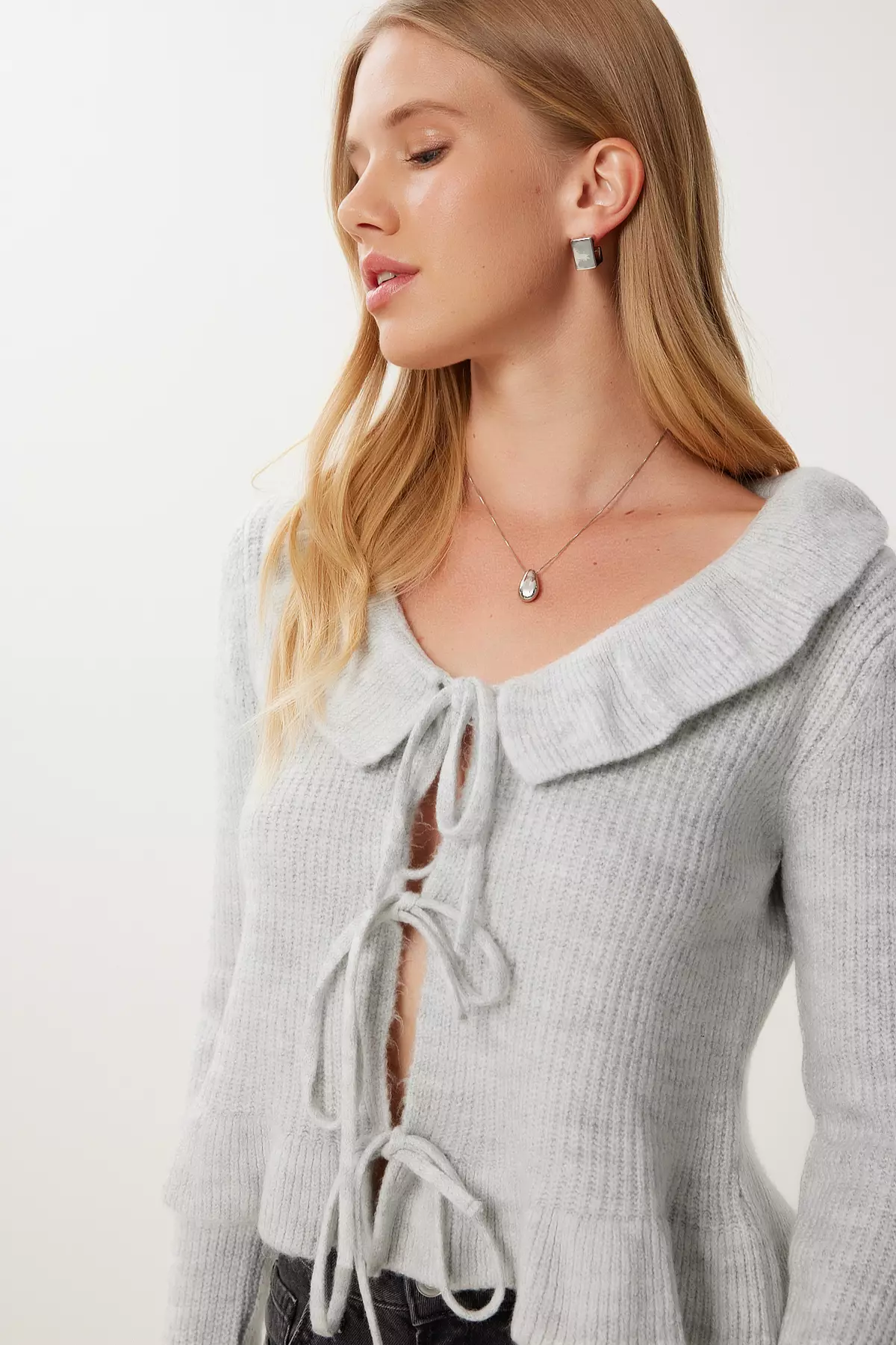 Women's Gray Flounce Tie Detailed Knitwear Cardigan Mx00247