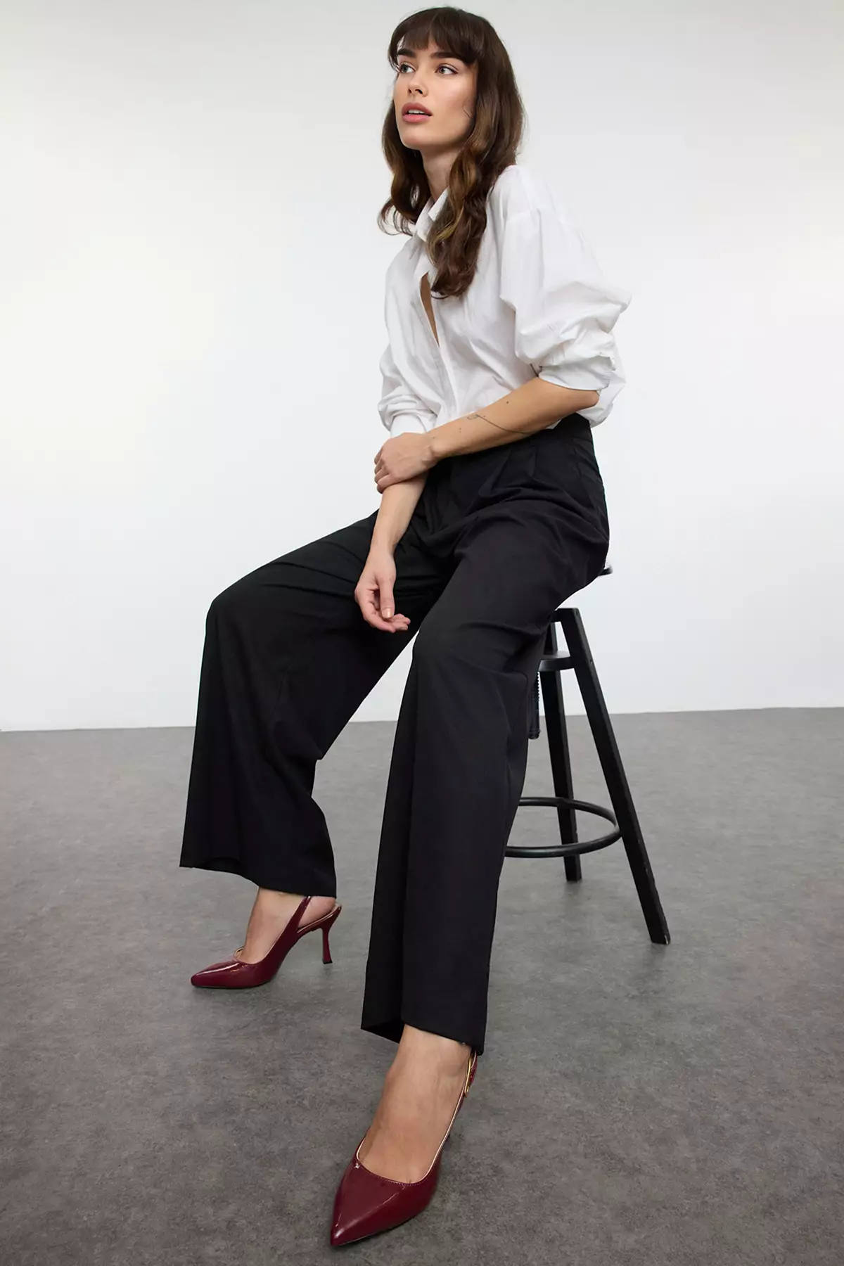 Pointed Toe Claret Red Thin Heeled Women's Shoes - Gold Buckle, Open Back