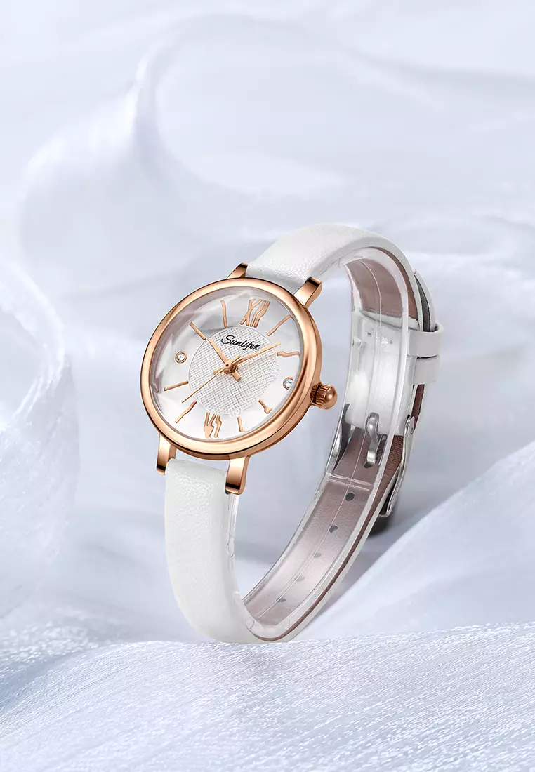 Jam Tangan Wanita 8005 Original Santai Kuarsa Tali Kulit Jam Wanita Anti Air Jam Tangan Cewek white