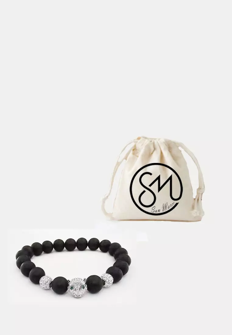 Aksesoris Wanita Diamante Jaguar Obsidian Beads Bracelet Gelang Wanita Black & Silver