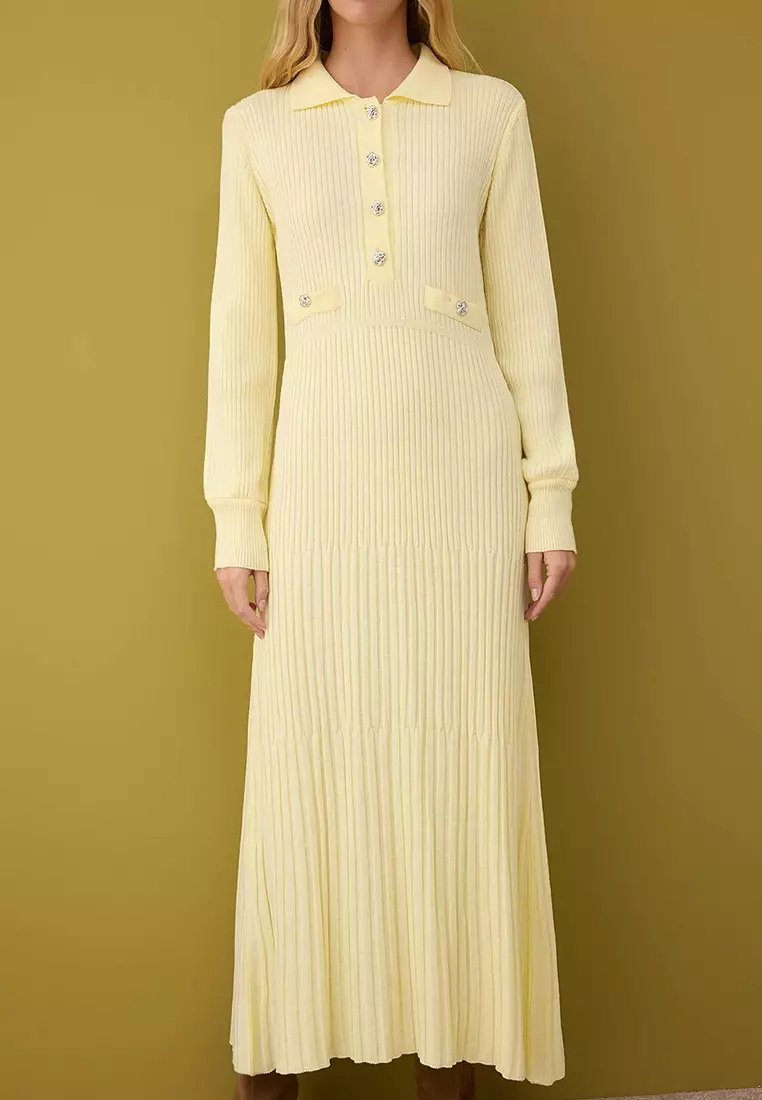 Butter Yellow Metal Button Detailed Knit Rib Dress