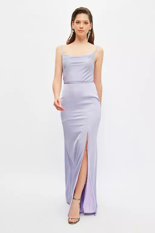 Belted Detailed Satin Evening Dress