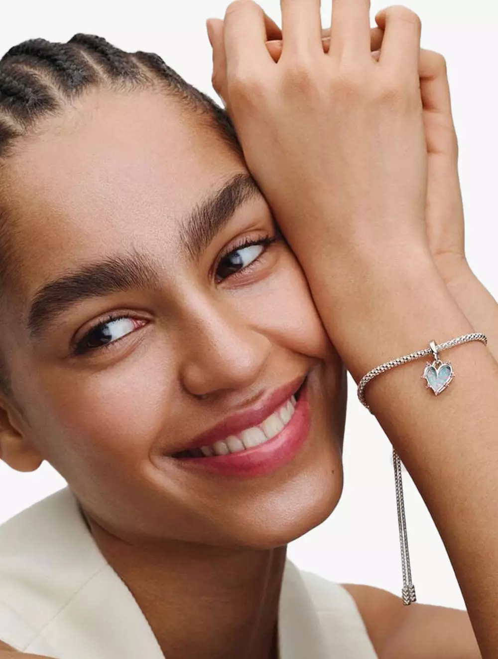 Hearts sterling silver double dangle with pink lab-created opal and fancy fairy tale pink cubic zirconia