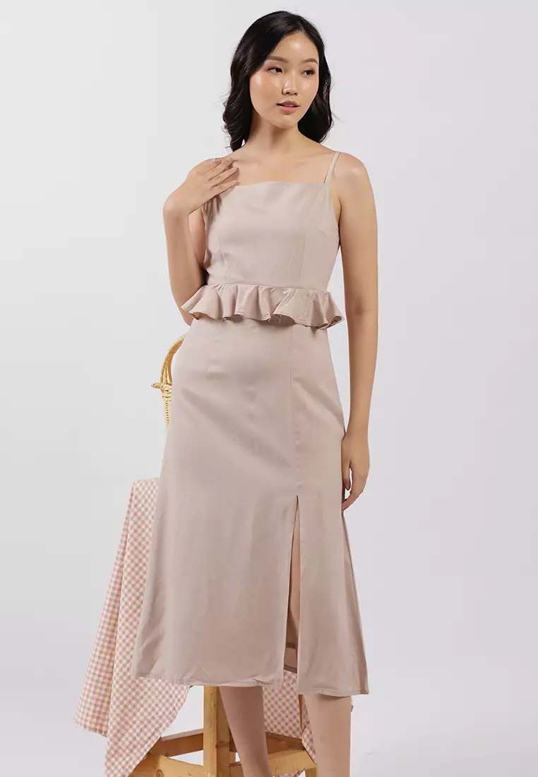 Jual Cloth Inc Ruffled Waist Slit Dress in Sand Original 2026 | ZALORA ...