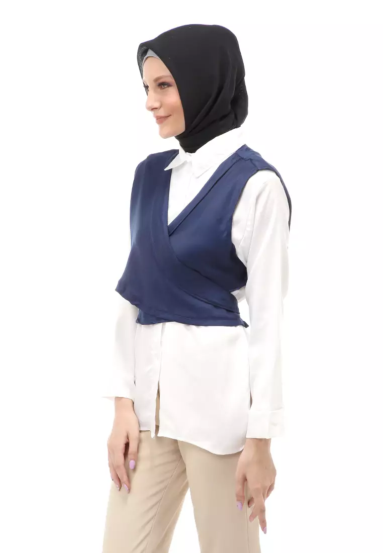 Atasan Blouse Long Sleeve Wanita Muslimah Motif Polos Regular Fit - Navy