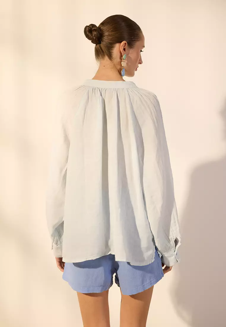 Blue 100% Linen Judge Collar Shirt TWOSS25GO00134