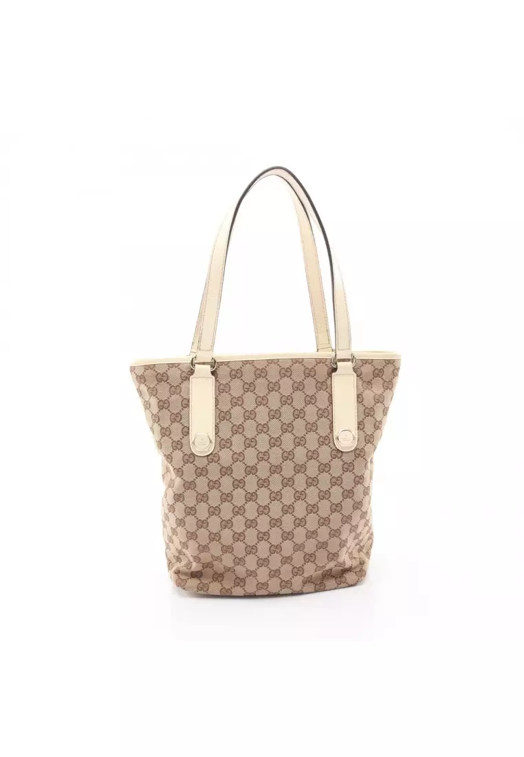 Pre-Loved Gucci GG canvas Shoulder bag tote bag canvas leather beige off white